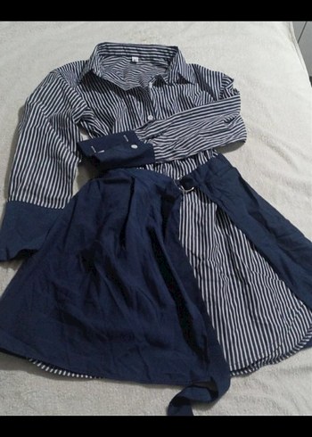 Mavi Çizgili Kadın Mini Gömlek elbise - Görsel 3