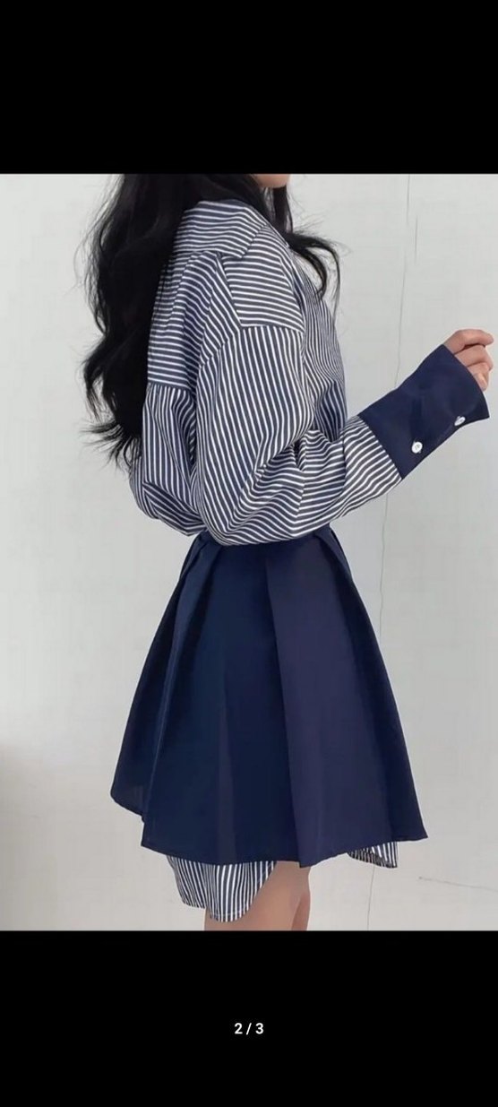 Mavi Çizgili Kadın Mini Gömlek elbise - Görsel 2