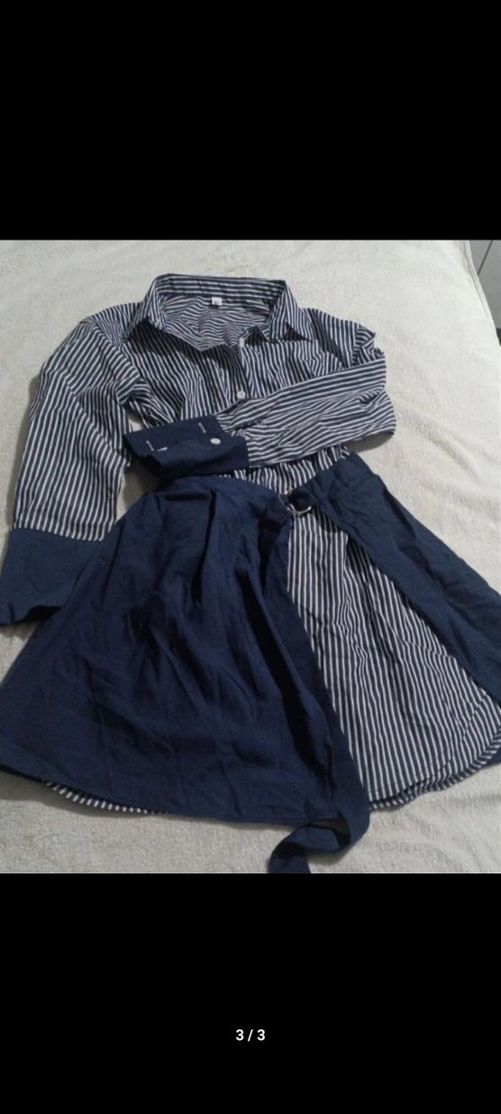 Mavi Çizgili Kadın Mini Gömlek elbise - Görsel 3