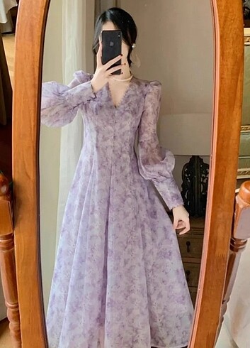 s Beden mor Renk Fransız vintage midi elbise 