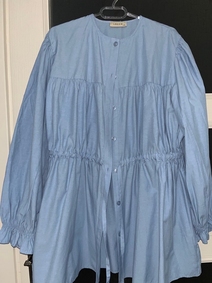 Düğmeli Mavi Hamile Bluzu, Uzun Kollu, Rahat Kesim - Görsel 2