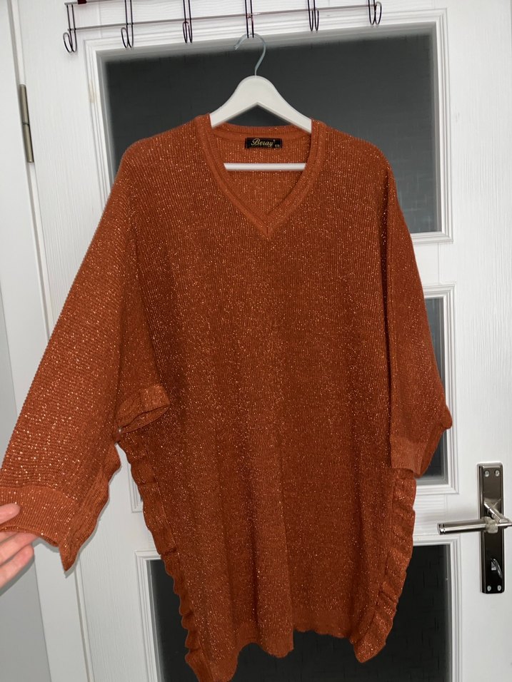 Parlak Kahverengi V Yaka Örgü Kadın Kazak - Görsel 2