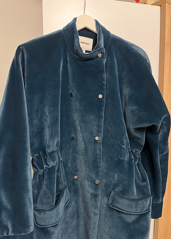 Düğmeli Koyu Mavi Uzun Süet Kadın Kaban - Görsel 2