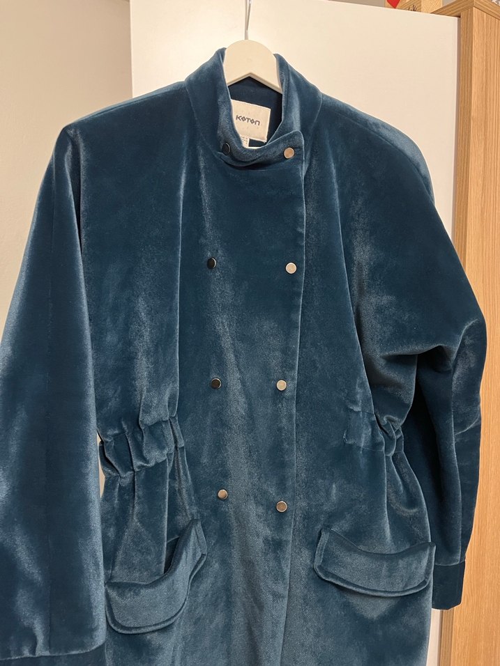 Düğmeli Koyu Mavi Uzun Süet Kadın Kaban - Görsel 2