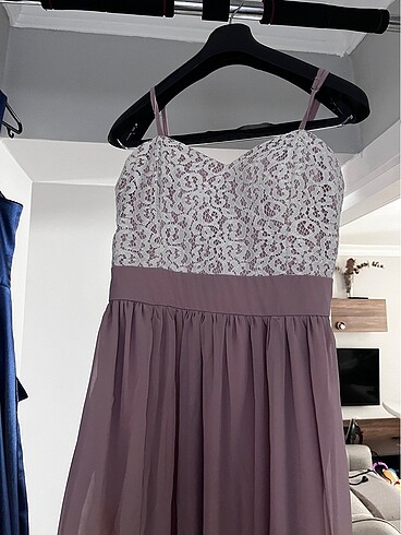 Pudra pembe beyaz dantel işlemleri uzun abiye elbise - Görsel 11