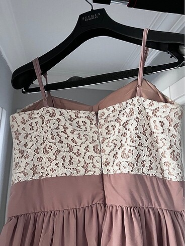 Pudra pembe beyaz dantel işlemleri uzun abiye elbise - Görsel 8