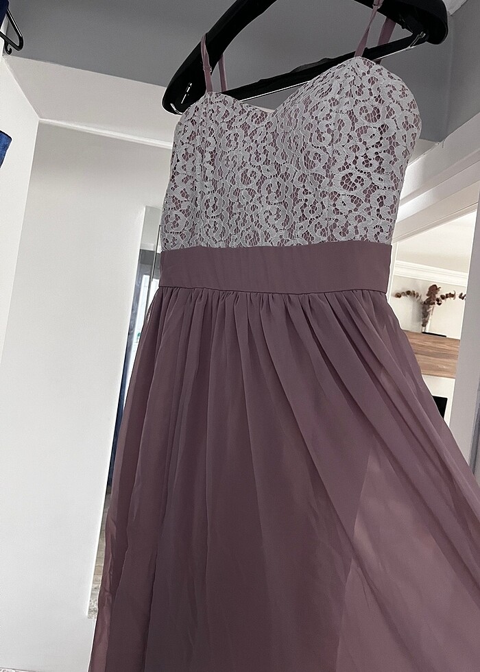 Pudra pembe beyaz dantel işlemleri uzun abiye elbise - Görsel 2