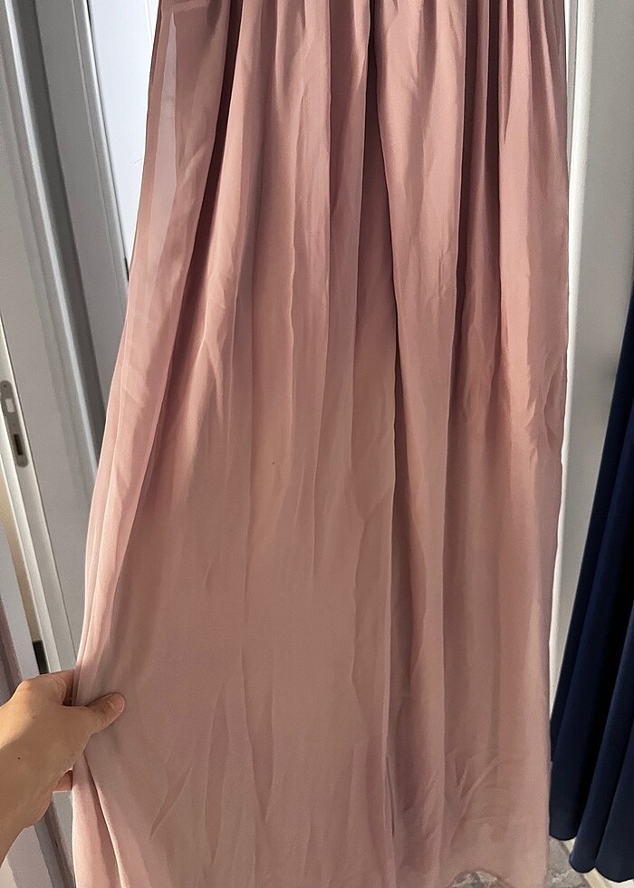 Pudra pembe beyaz dantel işlemleri uzun abiye elbise - Görsel 5