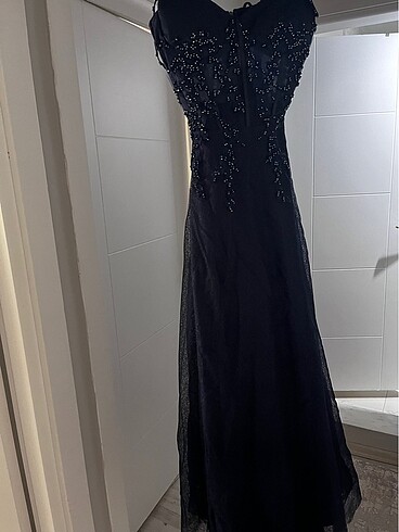 Lacivert işlemeli uzun abiye elbise - Görsel 7