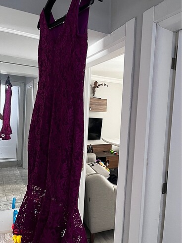 Midi boy koyu pembe dantel işlemeli elbise - Görsel 6