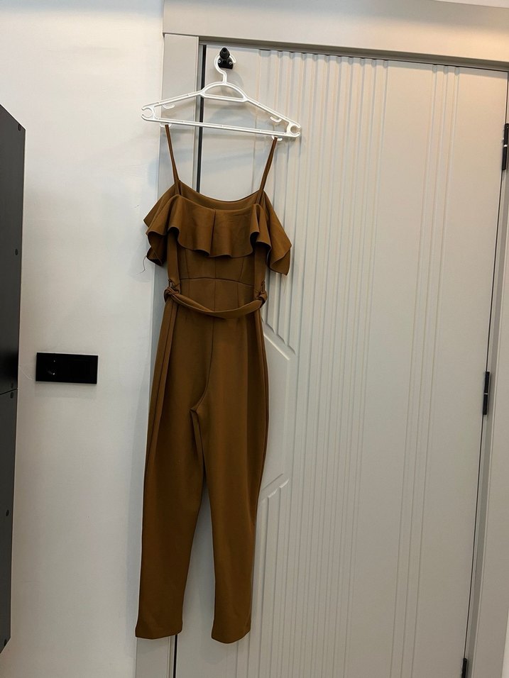 Kahverengi Süet Askılı Kemerli Tulum - Görsel 2