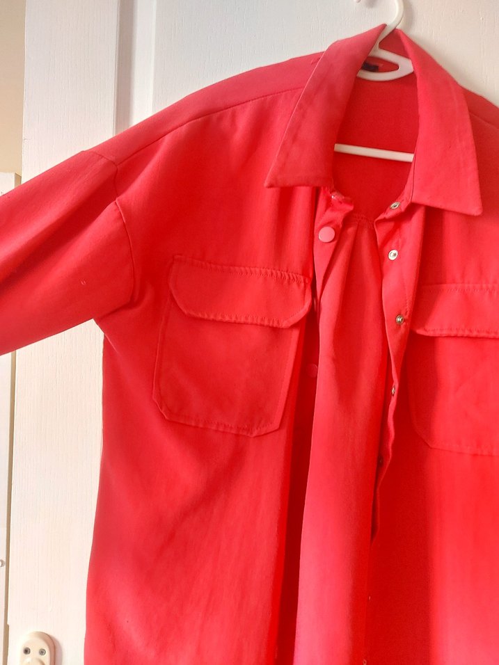 pembe fusya  Düğmeli Kadın Keten Gömlek - Görsel 2