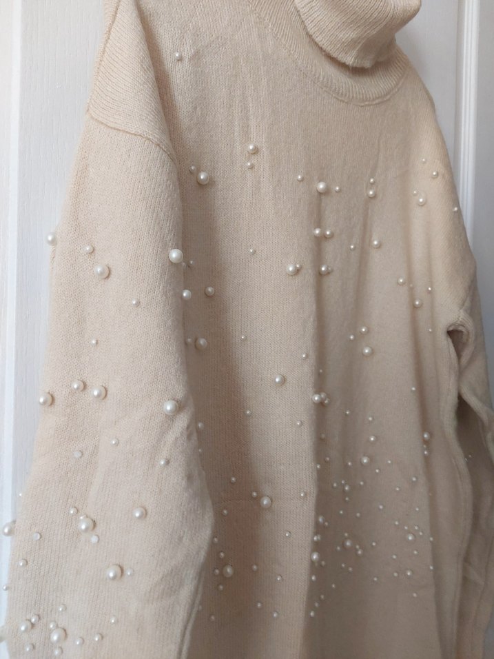 Uzun Kollu Boğazlı Bej Triko Elbise fulla standart - Görsel 2