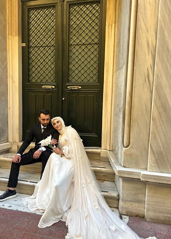 diğer Beden Uzun Kollu Yüksek Yakalı A Kesim Beyaz Gelinlik