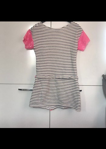 Designer Pembe Kısa Kollu Çizgili Elbise