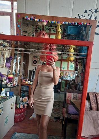 xs Beden bej ince askılı mini elbise