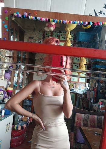 xs Beden camel Renk bej ince askılı mini elbise