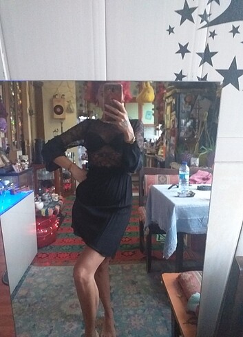 s Beden siyah Renk Dantelli mini siyah elbise