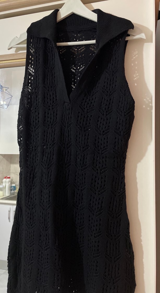 Siyah V Yaka Örgü Midi Elbise - Görsel 2
