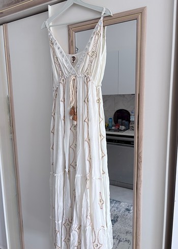 Beyaz Nakışlı Bohem Uzun Elbise - Görsel 2