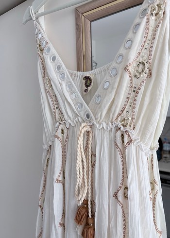 Beyaz Nakışlı Bohem Uzun Elbise - Görsel 9