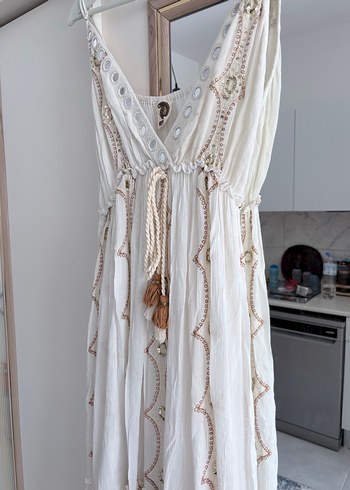 Beyaz Nakışlı Bohem Uzun Elbise - Görsel 3