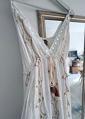 Beyaz Nakışlı Bohem Uzun Elbise - Görsel 4