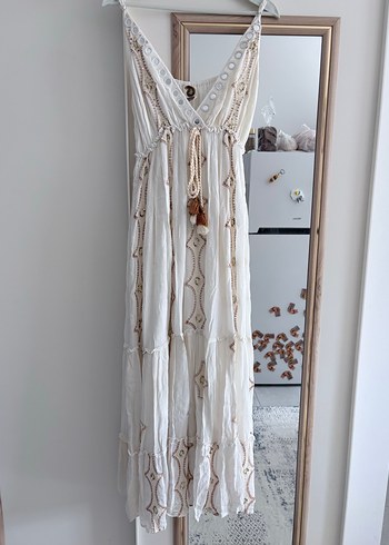 Beyaz Nakışlı Bohem Uzun Elbise - Görsel 11