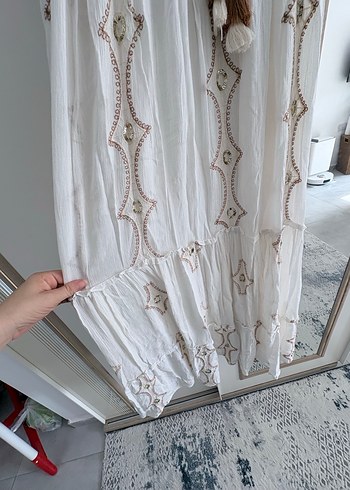 Beyaz Nakışlı Bohem Uzun Elbise - Görsel 6