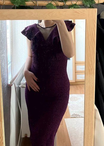 Mor V Yaka Drapeli Kadın Abiye Elbise - Görsel 2