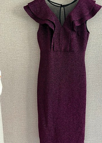 Mor V Yaka Drapeli Kadın Abiye Elbise - Görsel 3