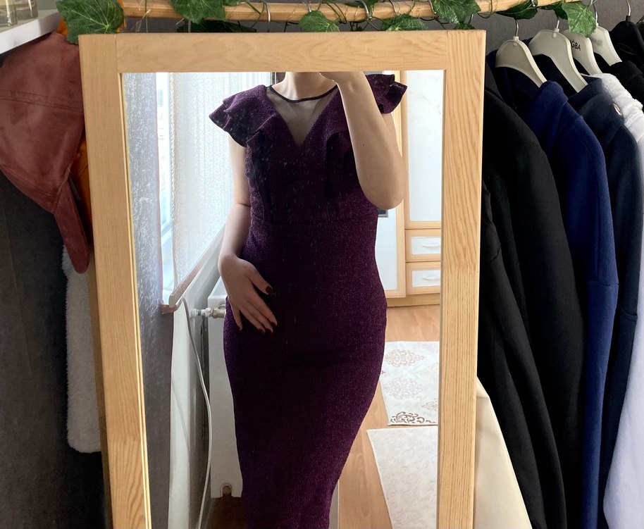 Mor V Yaka Drapeli Kadın Abiye Elbise - Görsel 2