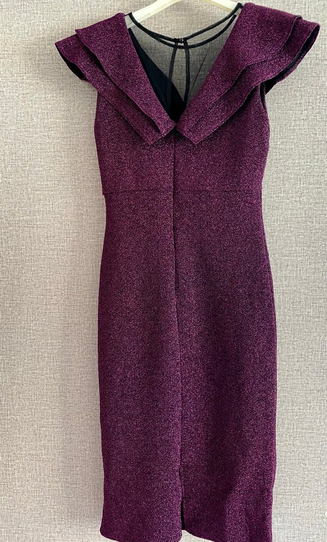 Mor V Yaka Drapeli Kadın Abiye Elbise - Görsel 4