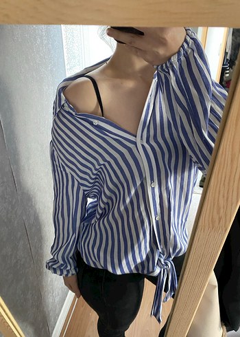 Mavi Çizgili Pamuklu Kadın Gömlek - Görsel 3