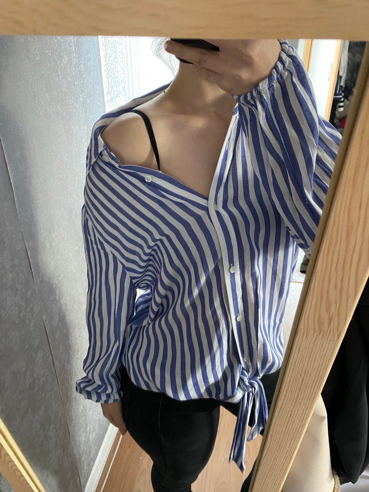 Mavi Çizgili Pamuklu Kadın Gömlek - Görsel 3