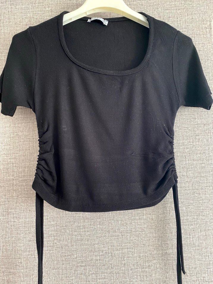 Siyah Kadın Kısa Tişört, Kısa Kollu, Dar Kesim - Görsel 2