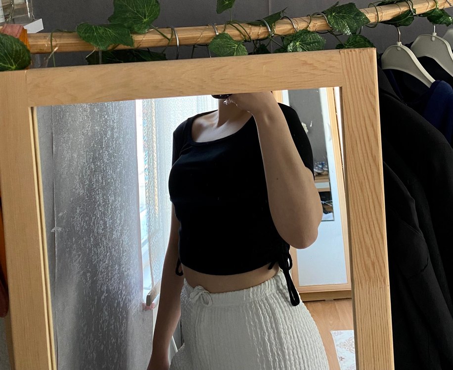 Siyah Kadın Kısa Tişört, Kısa Kollu, Dar Kesim - Görsel 5