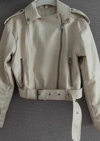 Beyaz Deri Kemerli Kadın Ceket - Görsel 4