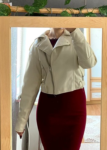 Beyaz Deri Kemerli Kadın Ceket - Görsel 3