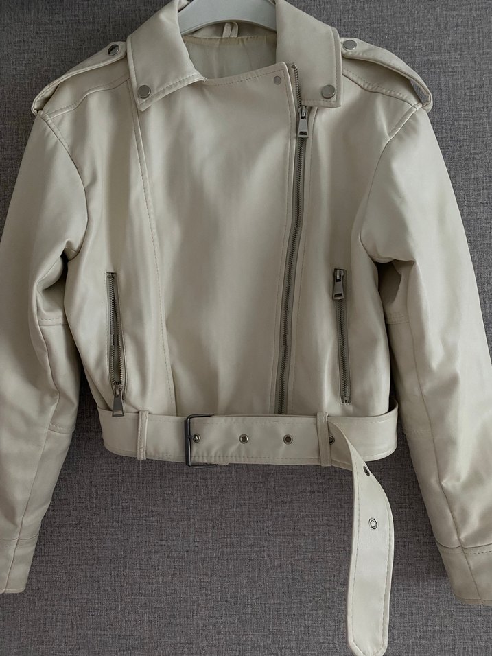 Beyaz Deri Kemerli Kadın Ceket - Görsel 4