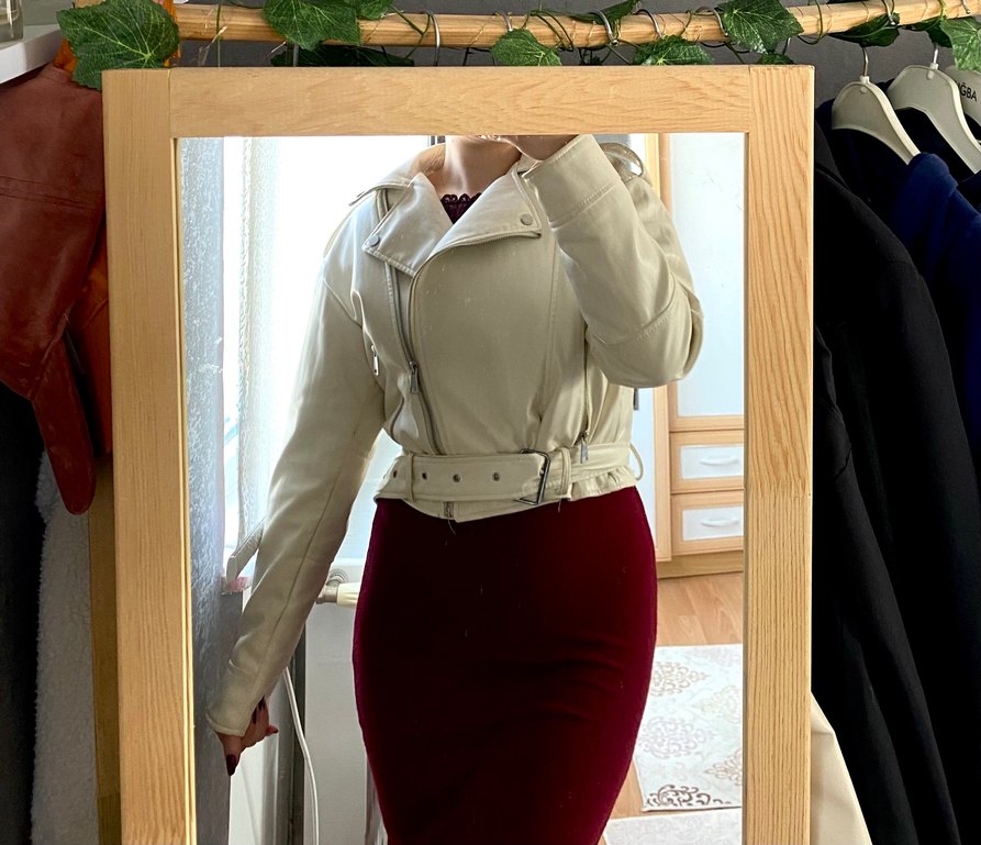 Beyaz Deri Kemerli Kadın Ceket - Görsel 2