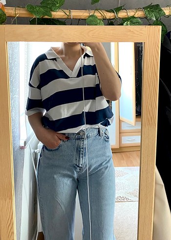 Düğmeli, Çizgili Açık Mavi Kadın Kot Pantolon - Görsel 3