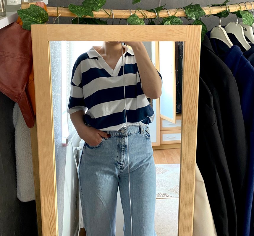 Düğmeli, Çizgili Açık Mavi Kadın Kot Pantolon - Görsel 3