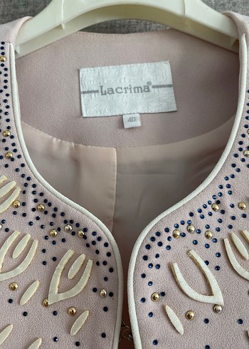 Boncuk İşlemeli Kısa Bej Kadın Blazer Ceketli elbise - Görsel 3