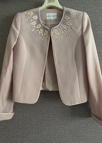 Boncuk İşlemeli Kısa Bej Kadın Blazer Ceketli elbise - Görsel 2