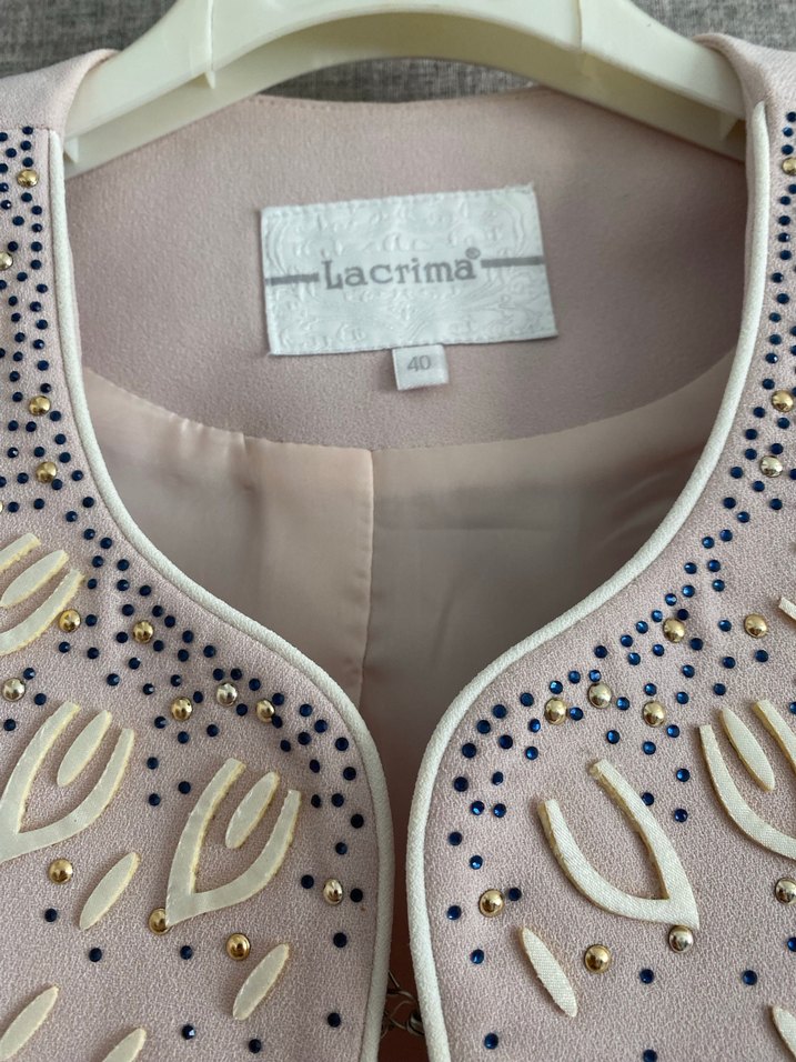 Boncuk İşlemeli Kısa Bej Kadın Blazer Ceketli elbise - Görsel 3