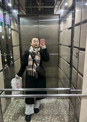 Siyah Ekose Desenli Kadın Midi Yün Kaban