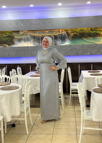 Diğer Gri Uzun Kollu Drapeli Taşlı Abiye Elbise