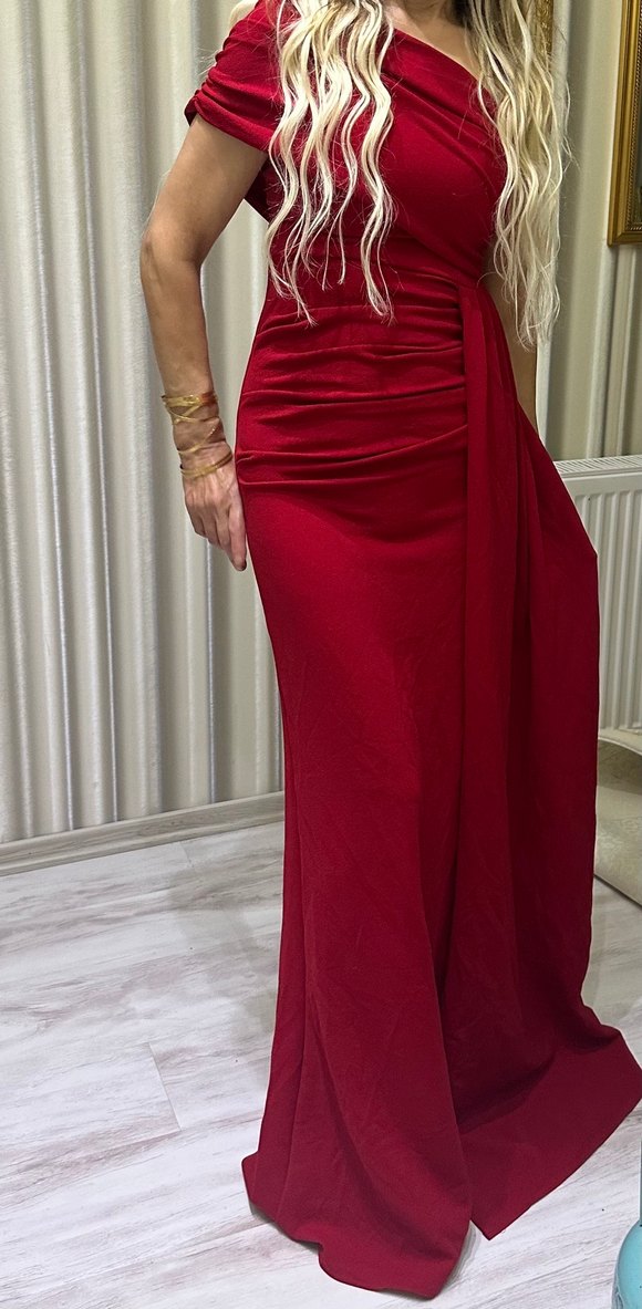 Kırmızı Drapeli Uzun Abiye Elbise - Görsel 2