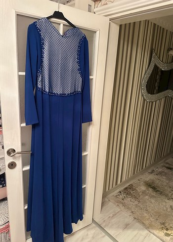 Mavi Uzun Kollu Kadın Abiye Elbise - Görsel 4